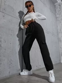 SHEIN Knot Waist Flap Pocket Cargo Trousers - Black - View 6