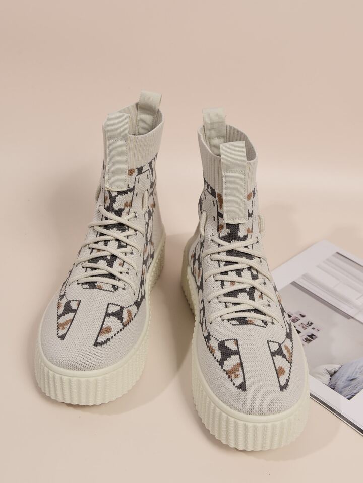 Knit Detail Lace Up Design Classic Boots SHEIN
