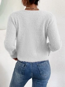 V-neck Fuzzy Knit Jumper - White - View 2