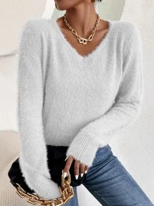 V-neck Fuzzy Knit Jumper - White - View 3