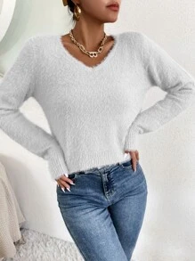 V-neck Fuzzy Knit Jumper - White - View 6