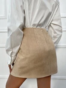 SHEIN Privé High Waist Solid Split Hem Suedette Skirt - Khaki - View 2