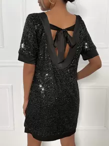 SHEIN Privé Tied Backless Sequin Dress - Dark Green - View 1