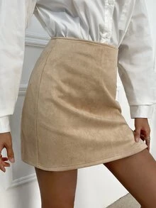 SHEIN Privé High Waist Solid Split Hem Suedette Skirt - Khaki - View 5