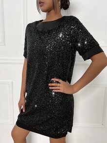 SHEIN Privé Tied Backless Sequin Dress - Dark Green - View 5