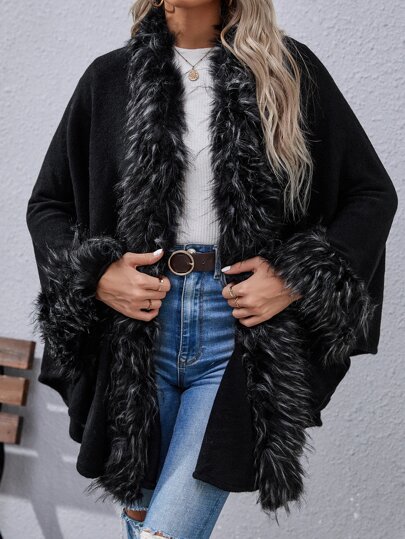 Batwing Sleeve Fuzzy Trim Cardigan