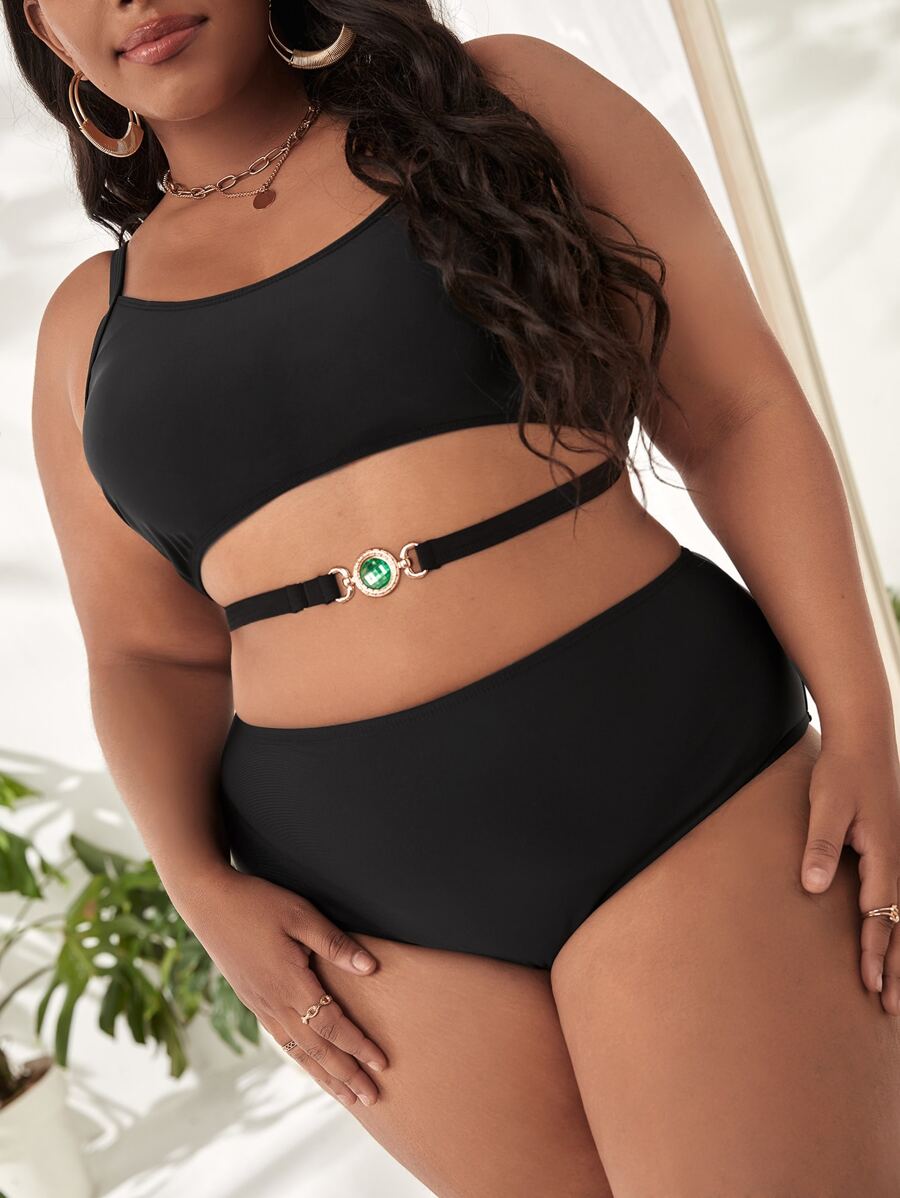 Plus Size Solid Faux Gem Decor Bikini Set Summer Beach - Black - View 1