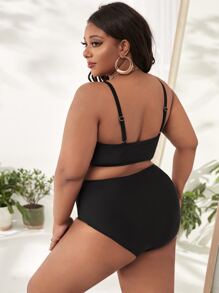 Plus Size Solid Faux Gem Decor Bikini Set Summer Beach - Black - View 2