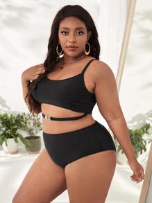 Plus Size Solid Faux Gem Decor Bikini Set Summer Beach - Black - View 3