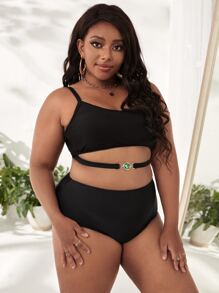 Plus Size Solid Faux Gem Decor Bikini Set Summer Beach - Black - View 4