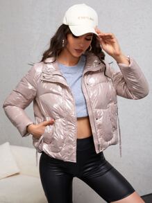SHEIN Essnce Zipper Slant Pocket Padded Padded Coat Clothes Winter - Dusty Pink - View 1
