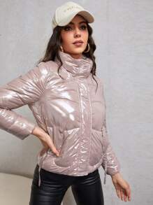 SHEIN Essnce Zipper Slant Pocket Padded Padded Coat Clothes Winter - Dusty Pink - View 5