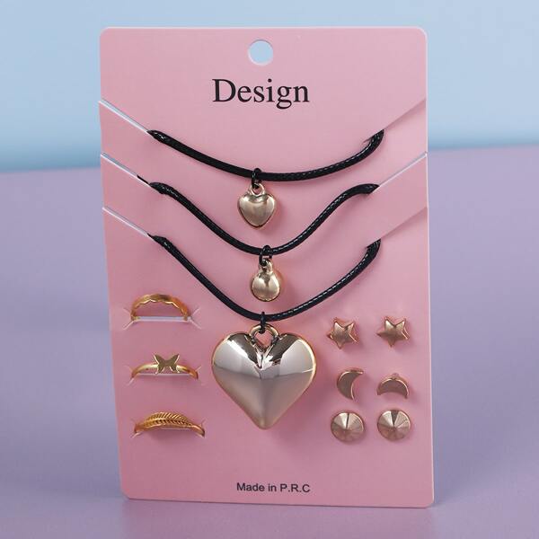 

12pcs Heart Pendant Jewelry Set, Gold