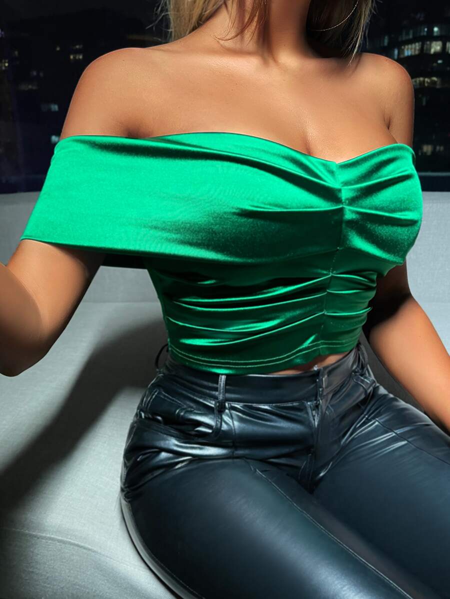 SHEIN SXY Off Shoulder Ruched Satin Top - Green - View 1