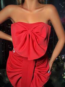 前蝴蝶結抹胸上衣 - 紅色 - 查看 1