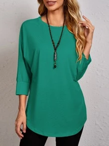 EMERY ROSE 素色小圓領長款T恤 - 綠色 - 查看 1