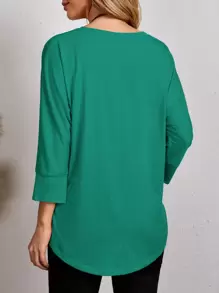 EMERY ROSE 素色小圓領長款T恤 - 綠色 - 查看 2