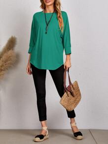 EMERY ROSE 素色小圓領長款T恤 - 綠色 - 查看 5