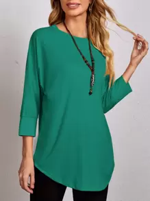 EMERY ROSE 素色小圓領長款T恤 - 綠色 - 查看 3