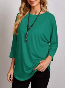 EMERY ROSE 素色小圓領長款T恤 - 綠色 - 查看 4