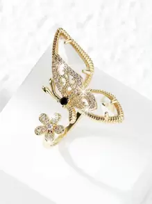 Cubic Zirconia Detail Flower Design Cuff Ring Valentines - Yellow Gold - View 2