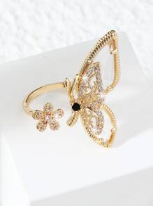 Cubic Zirconia Detail Flower Design Cuff Ring Valentines - Yellow Gold - View 4