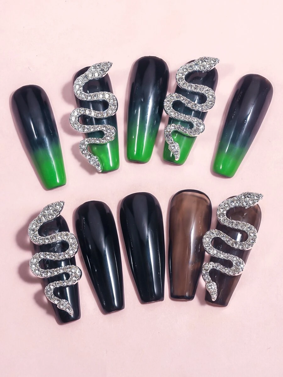 1pc Rhinestone Decor Snake Shaped Nail Art Decoration - Silver - View 1
