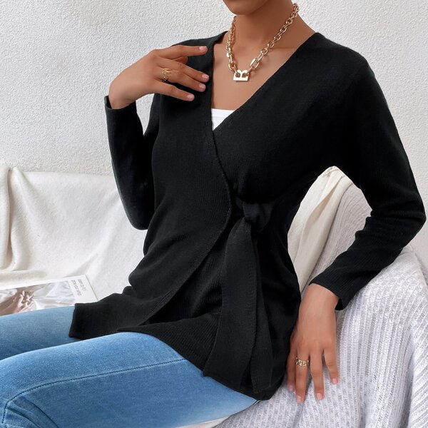 

Solid Tie Front Wrap Cardigan, Black