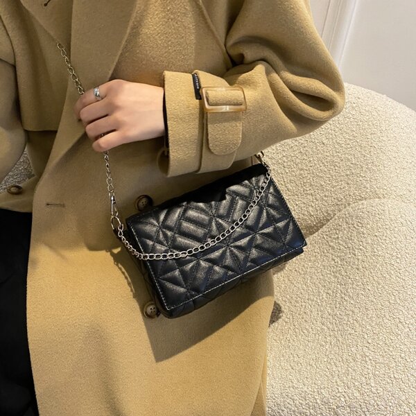 

Chain Decor Quilted Flap Square Bag, Black