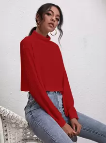 SHEIN Ribbed Turtleneck Drop Shoulder Tee - Burgundy - View 1