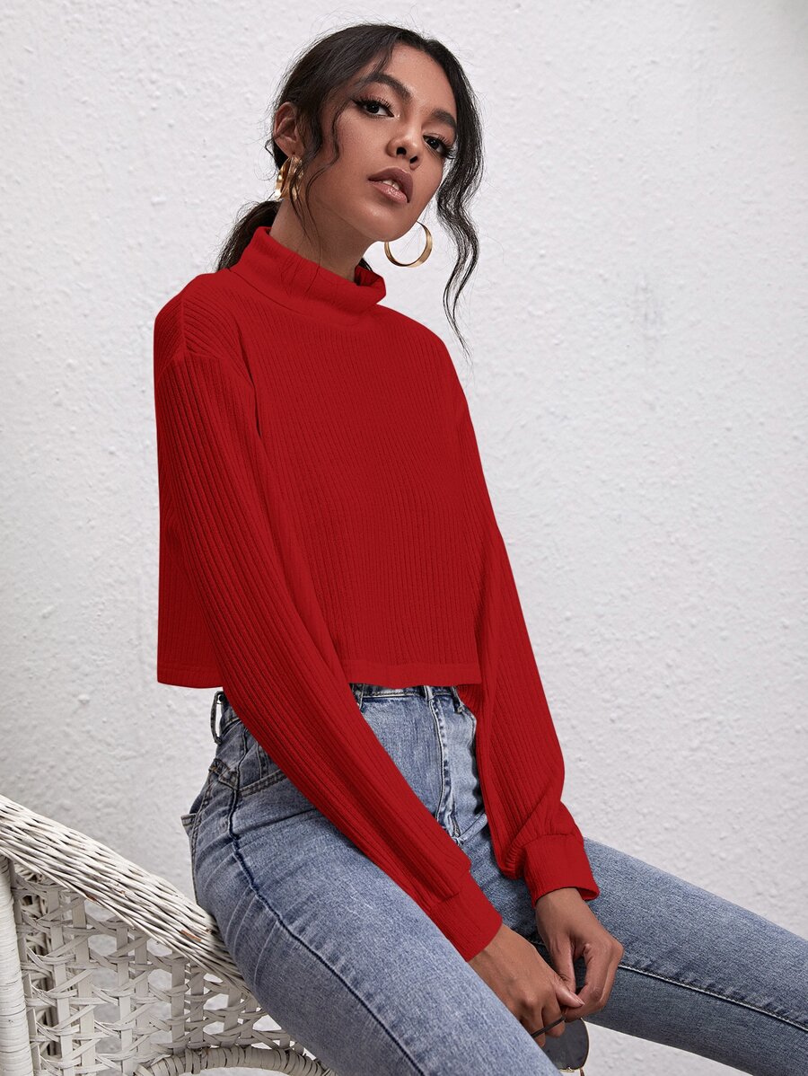 SHEIN Ribbed Turtleneck Drop Shoulder Tee - Burgundy - View 1
