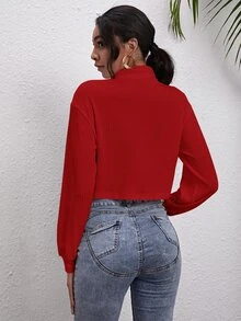 SHEIN Ribbed Turtleneck Drop Shoulder Tee - Burgundy - View 2