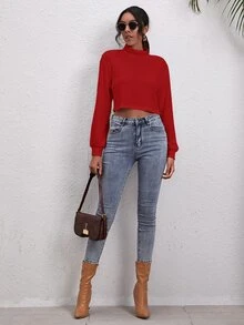 SHEIN Ribbed Turtleneck Drop Shoulder Tee - Burgundy - View 3