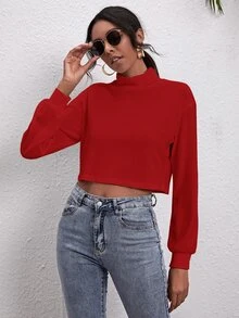 SHEIN Ribbed Turtleneck Drop Shoulder Tee - Burgundy - View 4