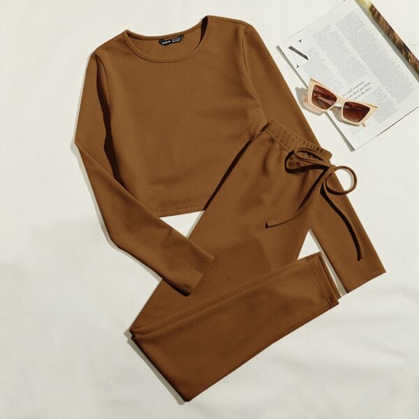 

Rib-knit Solid Top & Tie Waist Leggings Set, Brown