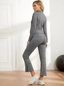 SHEIN 孕婦拇指孔雜色針織上衣和下擺開叉喇叭褲 - 灰色 - 查看 2