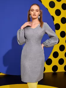 Toktam Hemmati 燈籠袖雙口袋後背開衩緊身連衣裙 - 灰色 - 查看 1