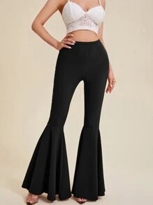 SHEIN Privé 素色彈性腰帶喇叭褲 - 黑色 - 查看 1