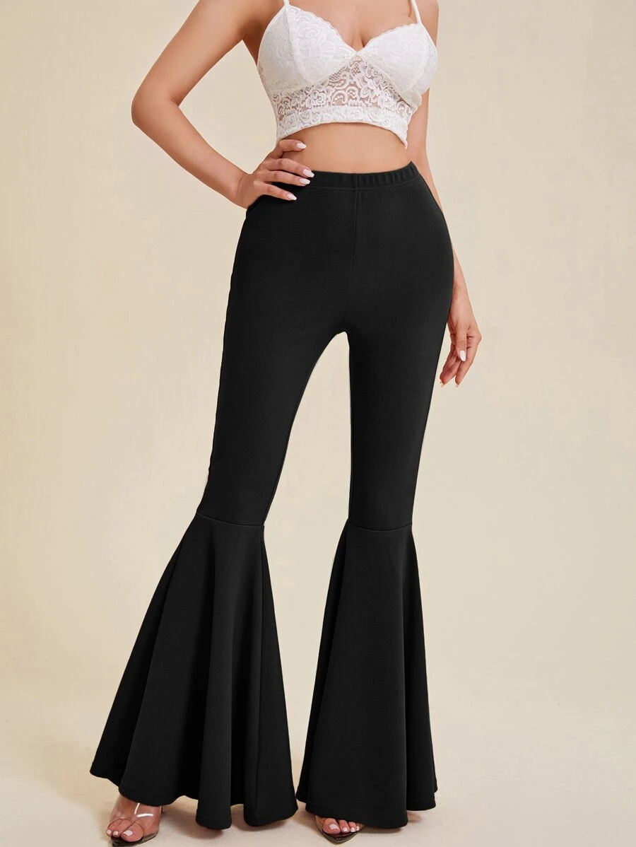 SHEIN Privé 素色彈性腰帶喇叭褲 - 黑色 - 查看 1