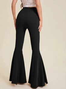 SHEIN Privé 素色彈性腰帶喇叭褲 - 黑色 - 查看 2