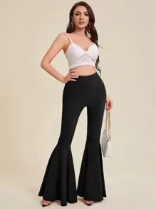 SHEIN Privé 素色彈性腰帶喇叭褲 - 黑色 - 查看 3