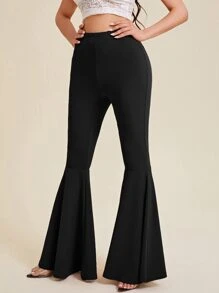 SHEIN Privé 素色彈性腰帶喇叭褲 - 黑色 - 查看 4