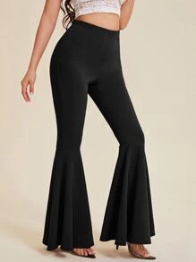 SHEIN Privé 素色彈性腰帶喇叭褲 - 黑色 - 查看 5