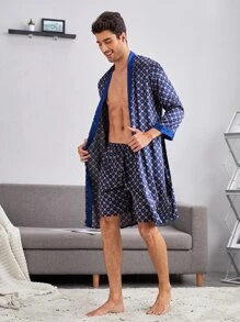 Conjunto de pijama con bata de satén con estampado de damasco y pantalones cortos para hombres - Multicolor - Ver 1