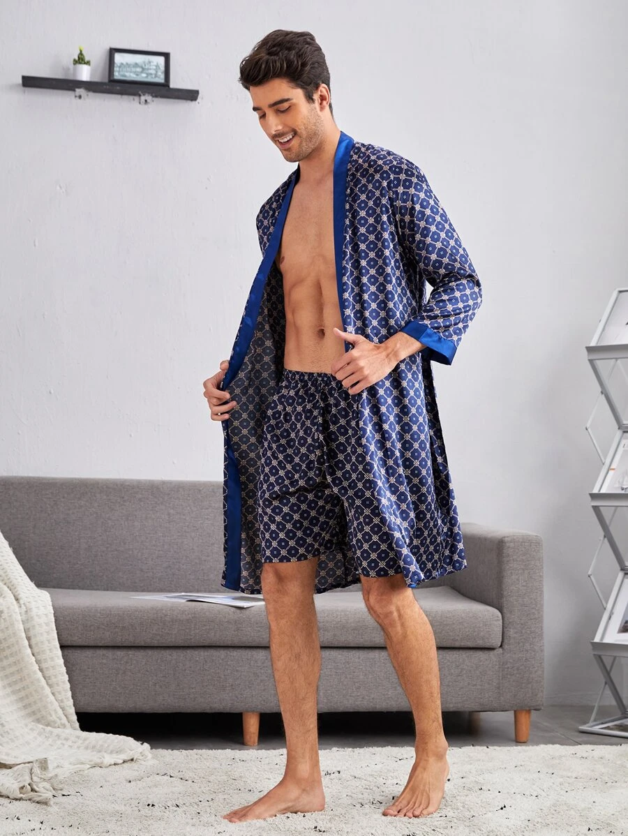 Conjunto de pijama con bata de satén con estampado de damasco y pantalones cortos para hombres - Multicolor - Ver 1