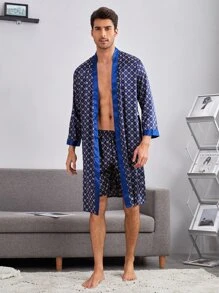 Conjunto de pijama con bata de satén con estampado de damasco y pantalones cortos para hombres - Multicolor - Ver 3