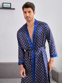 Conjunto de pijama con bata de satén con estampado de damasco y pantalones cortos para hombres - Multicolor - Ver 5