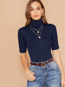 SHEIN Essnce 高领合身纯色 T 恤 - 藏蓝色 - 查看 1