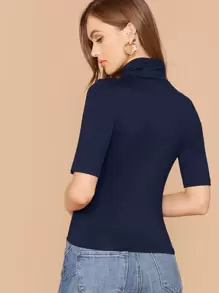 SHEIN Essnce 高领合身纯色 T 恤 - 藏蓝色 - 查看 2