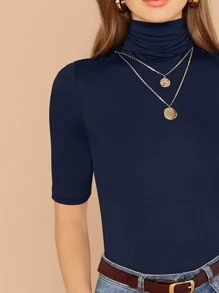 SHEIN Essnce 高领合身纯色 T 恤 - 藏蓝色 - 查看 6